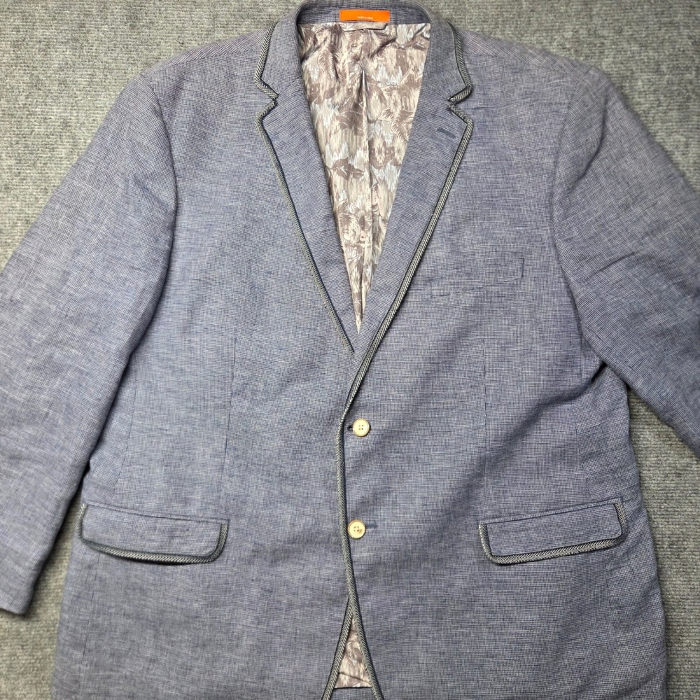 Tallia Men 50R Blue Linen Blend Sport Coat Blazer Braided Trim Mismatched Button
